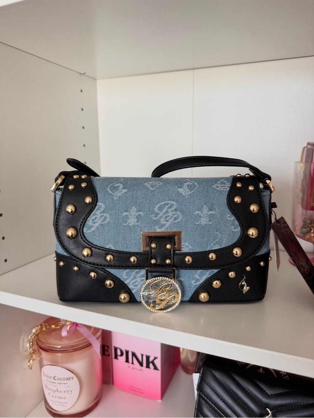 Baby Phat Blue Denim and Black Studded Shoulder Bag with Gold Hardware